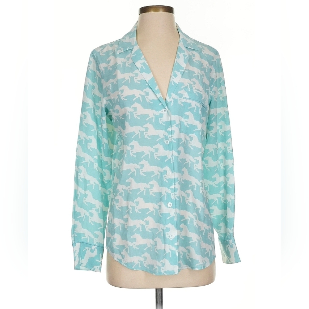 Equipment Aqua/White Silk Horse Print Blouse, Small (EUC)